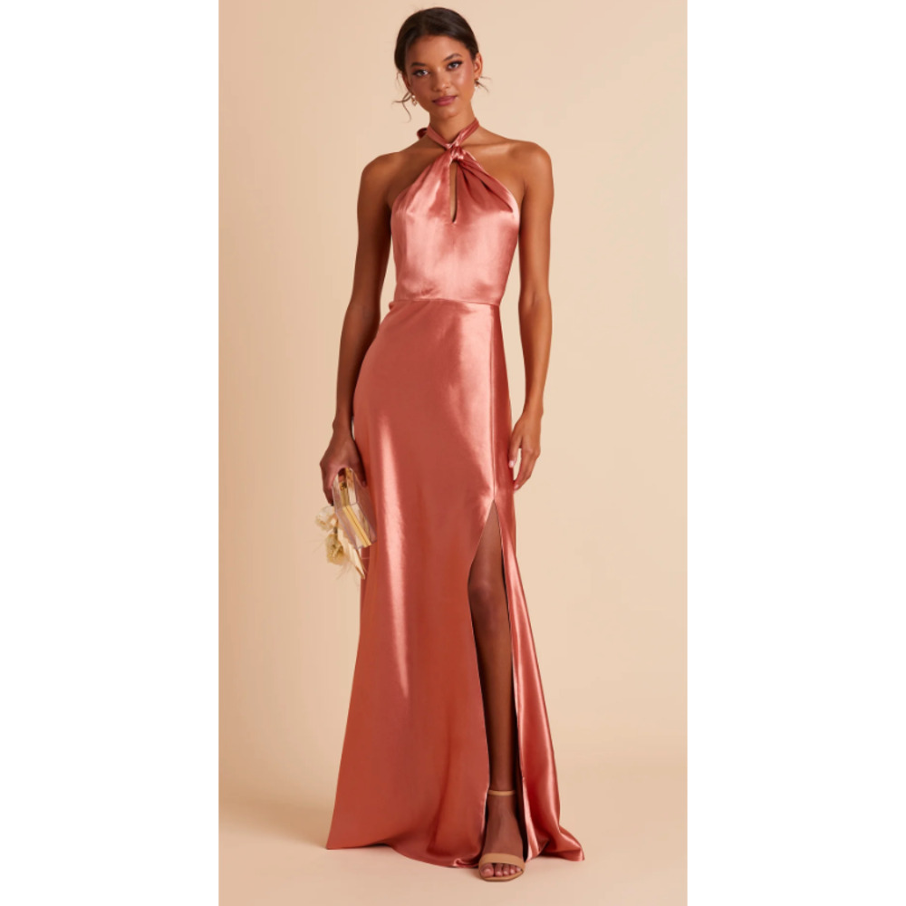 Birdy Grey Monica Halter Shiny Satin Dress in Terracotta NWT Medium